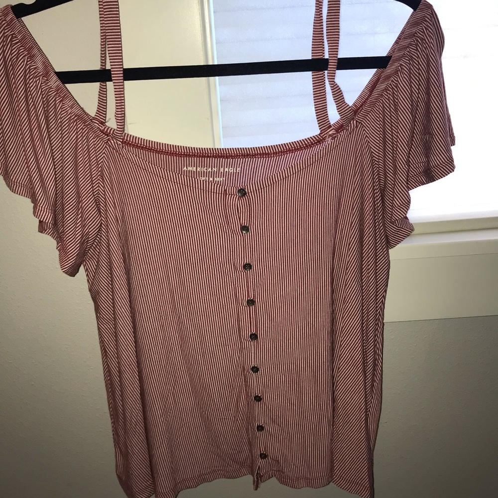 Red and white striped cold shoulder tank